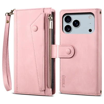 ESEBLE Star Series For iPhone 18 Pro / 17 Pro Case Zipper Wallet Leather Stand Phone Cover with Wrist Strap - Rose Gold