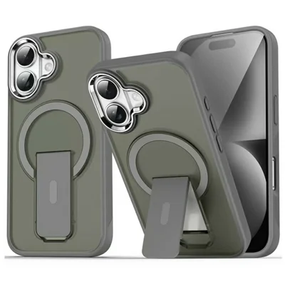 For iPhone 17 Case Compatible with MagSafe PC + TPU Phone Cover with Kickstand - Titanium Grey