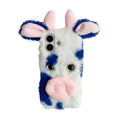 For iPhone 17 Case Fluffy Cute Cow Winter Plush Inner TPU Phone Cover - Blue