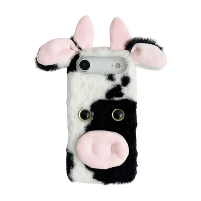For iPhone Air Case Fluffy Cute Cow Winter Plush Inner TPU Phone Cover - Black