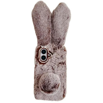 For iPhone 17 Case Plush Cute Bunny Winter Fluffy TPU Phone Cover - Brown