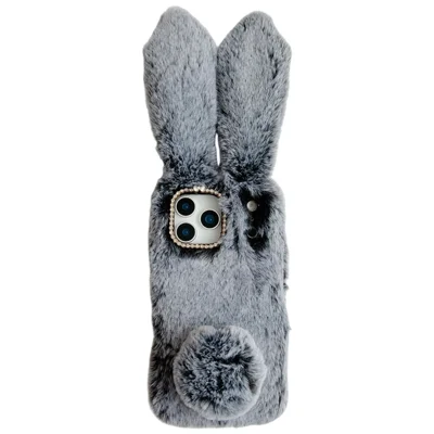 For iPhone 17 Pro Case Plush Cute Bunny Winter Fluffy TPU Phone Cover - Dark Grey