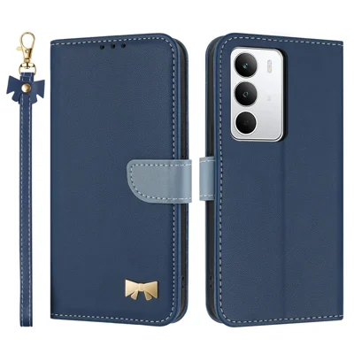 For Realme C71 4G Case Bowknot Decor Wallet Leather Phone Cover with Wrist Strap - Dark Blue