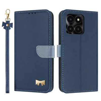 Voor Honor X6c 4G hoesje met strikdecoratie portemonnee lederen telefoonhoes met polsbandje - Donkerblauw