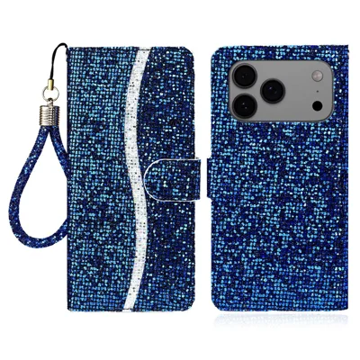 For iPhone 17 Pro Case PU Leather Wallet Card Slots Glitter Phone Cover - Blue