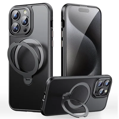 For iPhone 15 Pro Case Compatible with MagSafe Drop Proof TPU PC Kickstand Phone Cover - Black