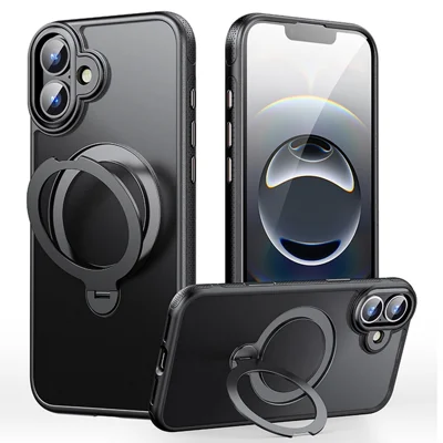 Hoesje voor iPhone 16, compatibel met MagSafe, valbestendig, TPU PC, met klapsstandaard - Zwart