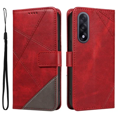 For OnePlus Nord 5 5G / OnePlus Ace 5 Ultra 5G Leather Case Geometric Line Design Wallet Phone Cover with Wrist Strap - Red