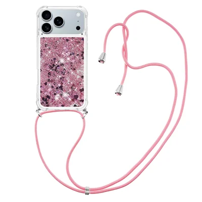 For iPhone 18 Pro / 17 Pro TPU Case Quicksand Phone Cover with Lanyard - Rose Gold / Hearts