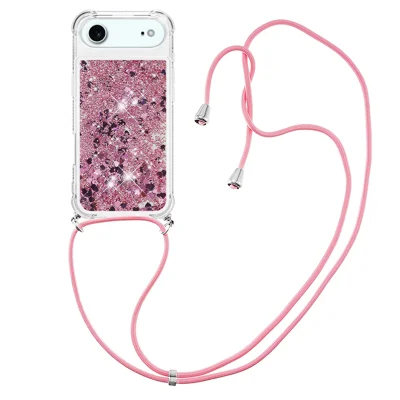 For iPhone Air TPU Case Quicksand Phone Cover with Lanyard - Rose Gold / Hearts