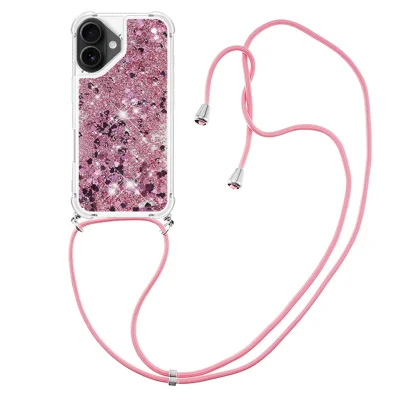 For iPhone 17 TPU Case Quicksand-telefoonhoesje met koord - Roze goud / Hartjes
