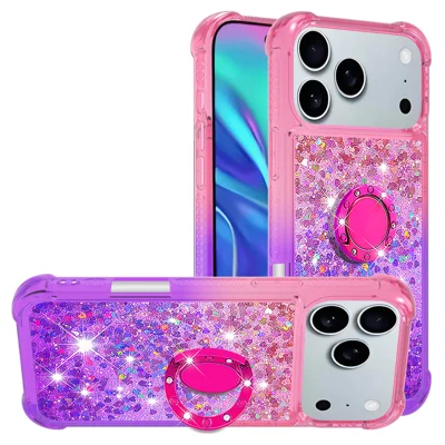 For iPhone 18 Pro / 17 Pro TPU Case with Kickstand Gradiant Quicksand Shockproof Cover - Pink+Purple
