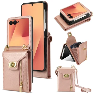 Fodral för Samsung Galaxy Z Flip7 5G, plånboksdesign med blixtlås, PU- och PC-fodral med lång rem - Rosenfärgat guld