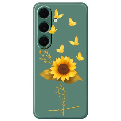 For Samsung Galaxy S24 FE Case Golden Butterfly Sunflower Pattern Printing Straight Edge TPU Phone Back Cover - Green