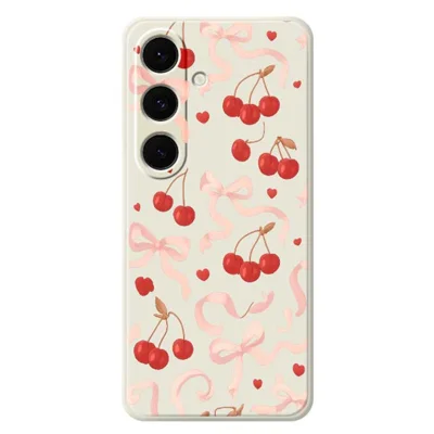 For Samsung Galaxy S24 FE Case Big Bow Cherry Pattern Printing Straight Edge TPU Phone Back Cover - Beige
