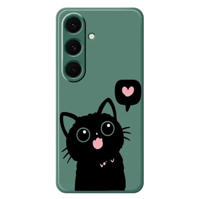 For Samsung Galaxy S24 FE Case Love Black Cat Pattern Printing Straight Edge TPU Phone Back Cover - Green