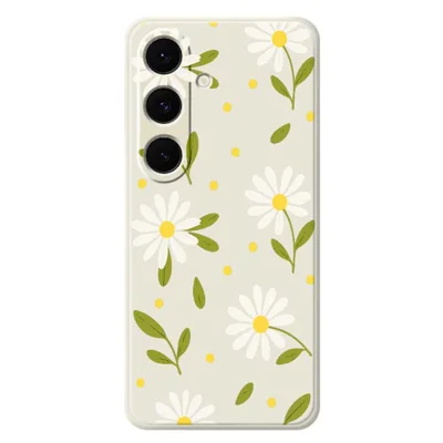 For Samsung Galaxy S24 FE Case White Flowers Green Leaves Pattern Printing Straight Edge TPU Phone Back Cover - Beige