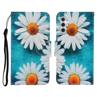 For Samsung Galaxy A18 4G / A18 5G / A17 4G / A17 5G / A26 5G / A16 4G / A16 5G / F17 5G / M17 5G Case Pattern Printing Protective Leather Folio Phone Cover with Wrist Strap - Chrysanthemum