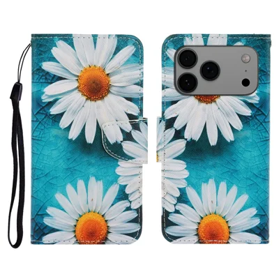 For iPhone 18 Pro Max / 17 Pro Max Case Pattern Printing Protective Leather Folio Phone Cover with Wrist Strap - Chrysanthemum