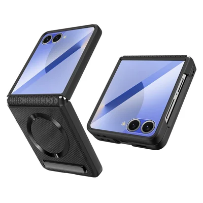 For Samsung Galaxy Z Flip7 5G Magnetic Case Kickstand PC+PU Phone Cover with Screen / Lens Film - Wheat Black