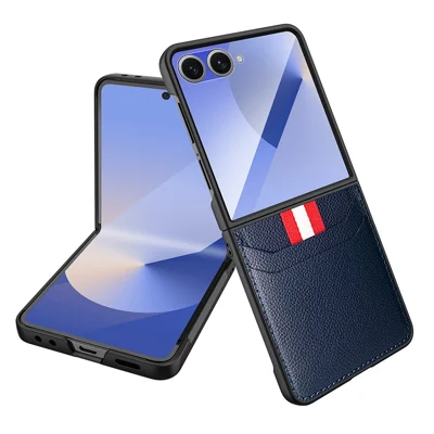 För Samsung Galaxy Z Flip7 5G-skals Litchi-struktur PU+PC mobilhölje med skärm- / linsfilm - Blå