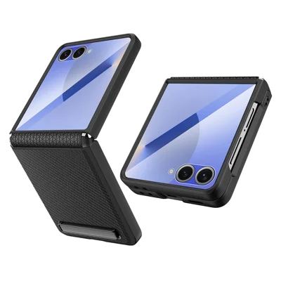 For Samsung Galaxy Z Flip7 5G Case Kickstand PC+PU Phone Cover with Screen  /  Lens Film - Wheat Black
