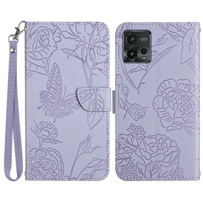For Motorola Moto G72 4G HT03 Skin-touch PU Leather Flip Wallet Cover Magnetic Closure Stand Design Imprinted Butterfly Flowers Phone Case with Strap - Light Purple