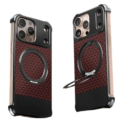 For iPhone 15 Pro Max Magnetic Case Borderless Textured PU + Metal Kickstand Phone Cover - Red