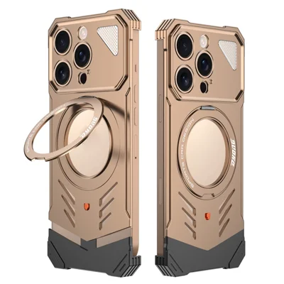 DYONG For iPhone 16 Pro Max Metal Case Frameless Hollow Heat Dissipation Phone Cover with Kickstand - Titanium Gold