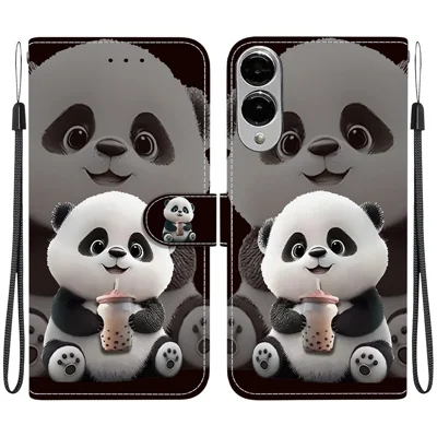 Voor Samsung Galaxy S25 Edge Leren Hoesje Stand Wallet Patroonbedrukte Telefoonhoes met Polsbandje - Melkthee Panda