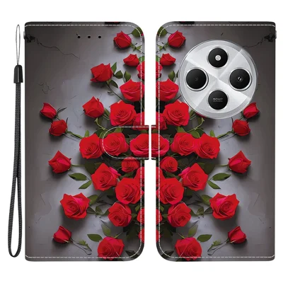 For Xiaomi Redmi 17C 4G / 14C 4G Leather Case Stand Wallet Pattern Printing Phone Cover with Wrist Strap - Red Rose