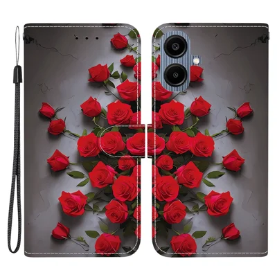 Etui skórzane z funkcją podpórki, portfelowe z nadrukiem, z zatrzaskiem magnetycznym i opaską na nadgarstek - Czerwony róż, do Samsung Galaxy A07 4G / A06 5G / A06 4G