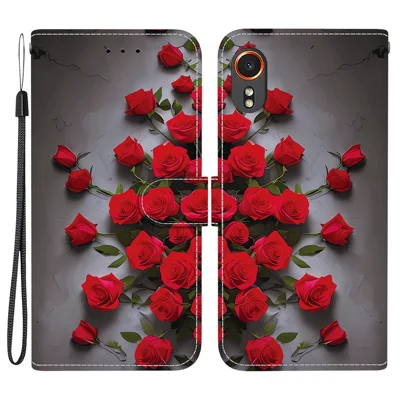 For Samsung Galaxy Xcover7 Leather Case Stand Wallet Pattern Printing Phone Cover with Wrist Strap - Red Rose