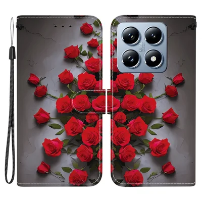 For Xiaomi 14T Leather Case Stand Wallet Pattern Printing Phone Cover with Wrist Strap - Red Rose