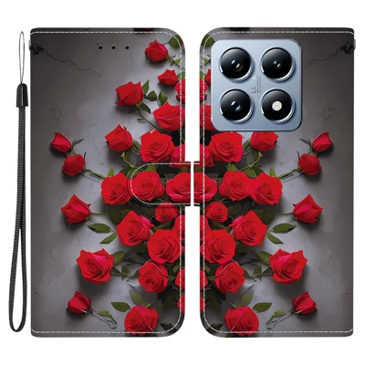 For Xiaomi 14T Pro Leather Case Stand Wallet Pattern Printing Phone Cover with Wrist Strap - Red Rose
