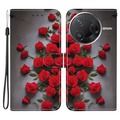 Leather Case For Xiaomi Redmi K80 Pro 5G  /  K80 5G  /  Poco F7 Pro 5G  /  F7 Ultra 5G Pattern Printing Phone Cover with Wrist Strap - Red Rose