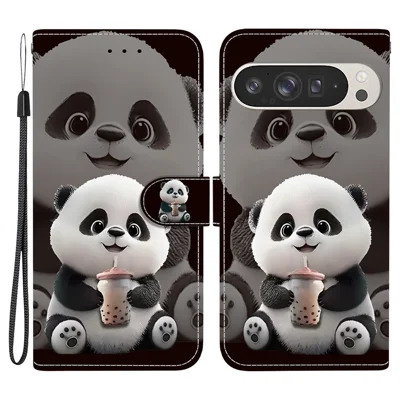 For Google Pixel 9 Pro XL Leather Case Stand Wallet Pattern Printing Phone Cover with Wrist Strap - Milk Tea Panda