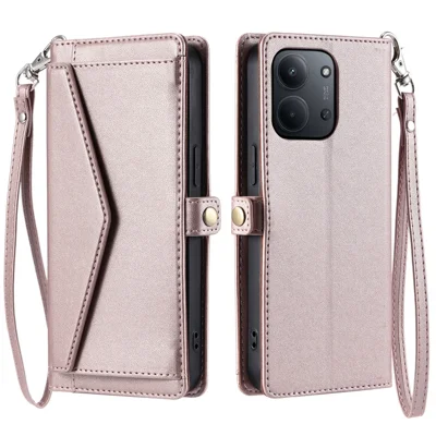 For Xiaomi Redmi 15C 5G (EU) (173mm) / 15C 4G (EU) (173mm) Leather Case with Wrist Strap Wallet Stand Phone Cover - Rose Gold