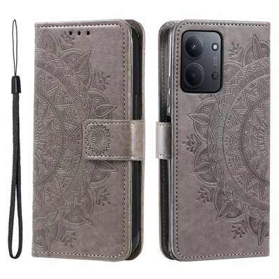 For Xiaomi Redmi 15C 5G (EU) (173mm) / 15C 4G (EU) (173mm) Stand Case Imprinted Totem PU Leather Wallet Phone Cover with Wrist Strap - Grey