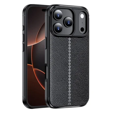 For iPhone 17 Pro Case Litchi Texture TPU Flexible Phone Cover - Black