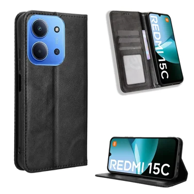 For Xiaomi Redmi 15C 4G (Global) (171mm) / Poco C85 4G (171mm) Leather Case Wallet Stand Retro Texture Phone Cover - Black