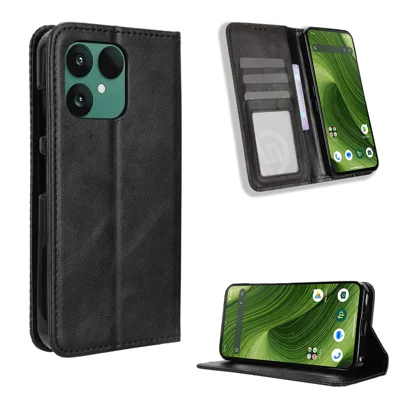 Voor Fairphone 6 Leren Hoesje Portemonnee Stand Retro Structuur Telefoonhoes - Zwart