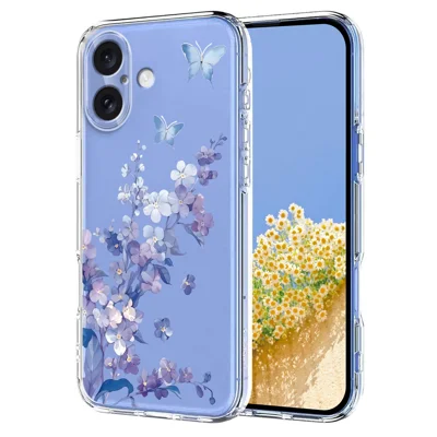 TPU Case voor iPhone 16 Plus met vlinder- en bloemenpatroon, beschermhoes - Viooltjes
