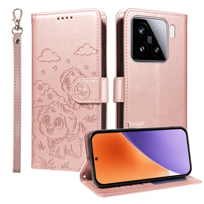 Voor Xiaomi 15 Hoesje RFID-blokkering Afdruk Hondenpatroon PU Leren Telefoonhoesje met Polsbandje - Roze