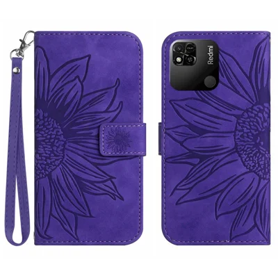 Protective Cell Phone Cover For Xiaomi Redmi 10A, HT04 Skin-Touch Imprinted Sunflower Flip Wallet Phone Case Stand with Hand Strap - Dark Purple