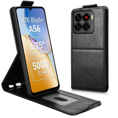 For ZTE Blade A56 Stand Case Magnetic Clasp Vertical Flip Leather Phone Cover with Card Holder - Black