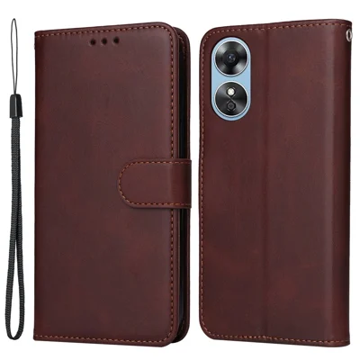 Pour Oppo A17 4G Calf Texture Stand Wallet Phone Case PU Leather + TPU Full Protection Cover - Marron