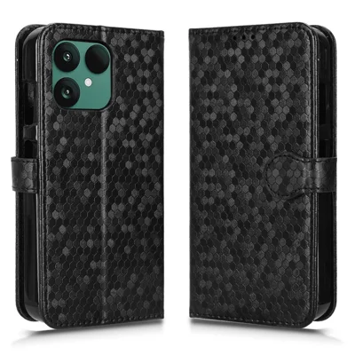 Wallethoes voor Fairphone 6 met stippenpatroon, imitatie lederen telefoonhoes met polsbandje - Zwart