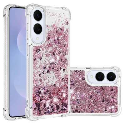 For Samsung Galaxy S25 Edge TPU Case Glitter Quicksand Shockproof Phone Back Cover - Rose Gold / Hearts