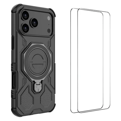 WANLONFENG KJ Series For iPhone 17 Pro Case Kickstand PC TPU Phone Cover with 2Pcs Screen Film (Big Lens Hole) - Black